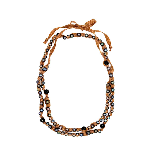Peacock Pearl & Smoky Topaz Light Brown Fabric Tie Necklace