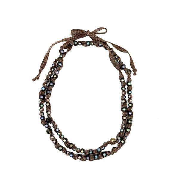 Peacock Pearl & Smoky Topaz Dark Brown Fabric Tie Necklace