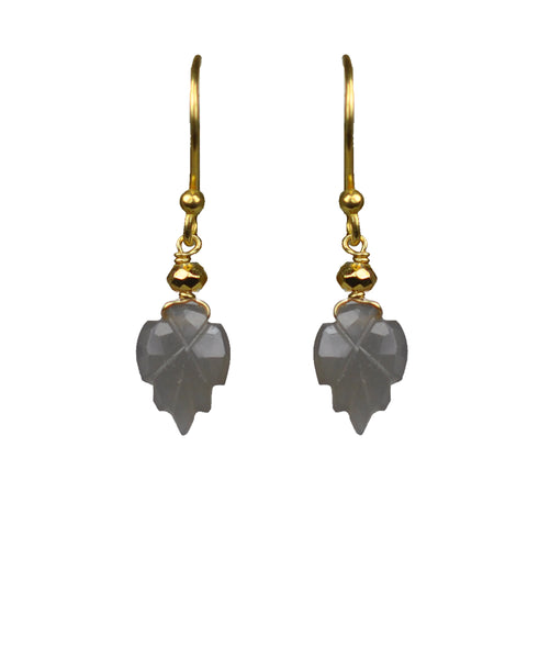 Grey Moonstone Carved Leaf Vermeil Earrings